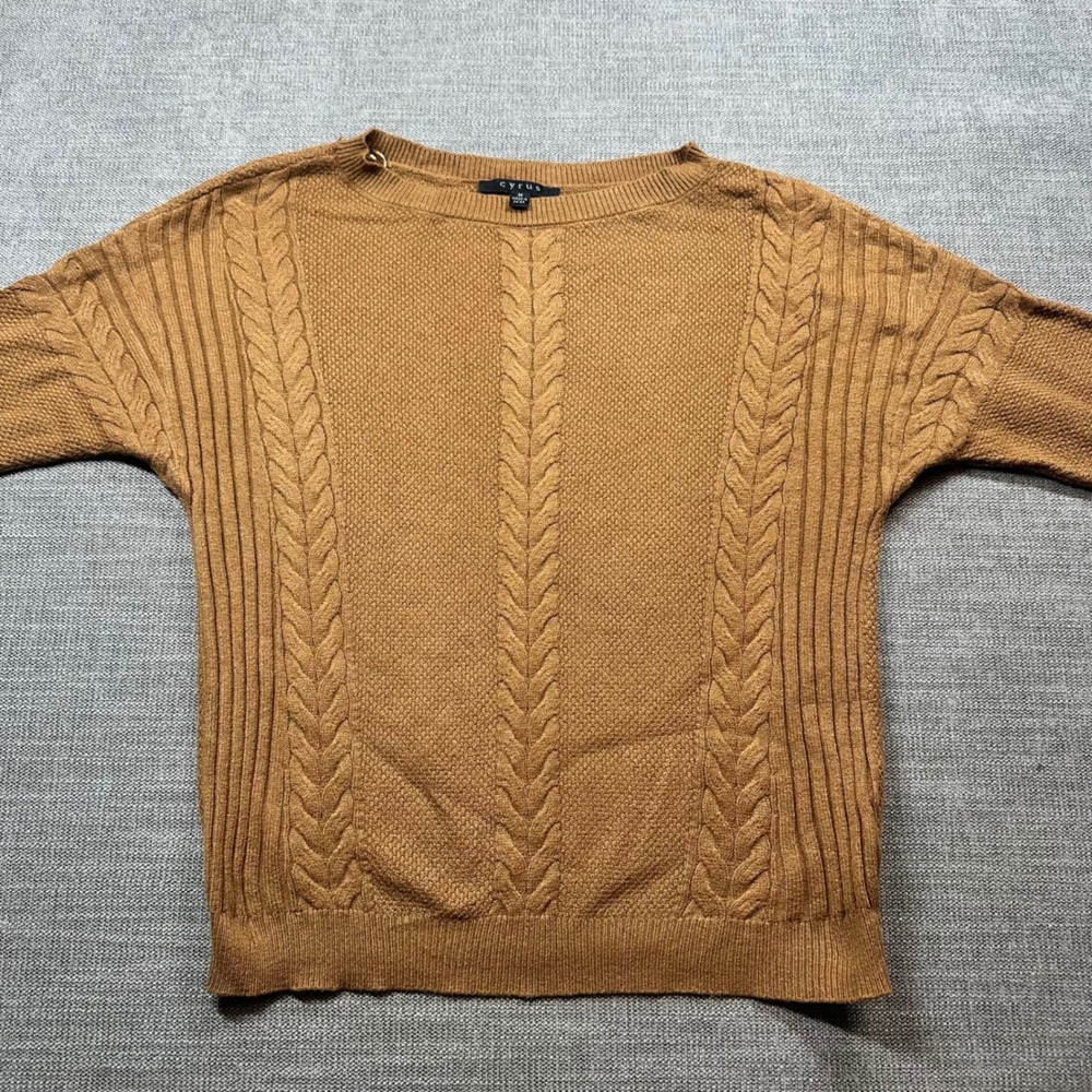 Cyrus Cable Knit Sweater Women Medium Brown Textured Crew Neck Pullover
